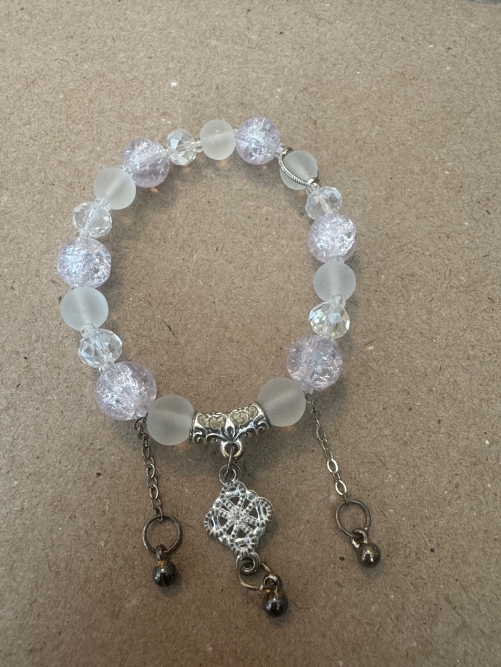 Delicate Lavender and Frosted Glass Bead Bracelet with Silver Charm